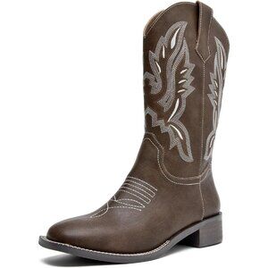 kkdom Women Dark Brown Cowboy Square Toe Western Cowgirl Mid Calf Boot